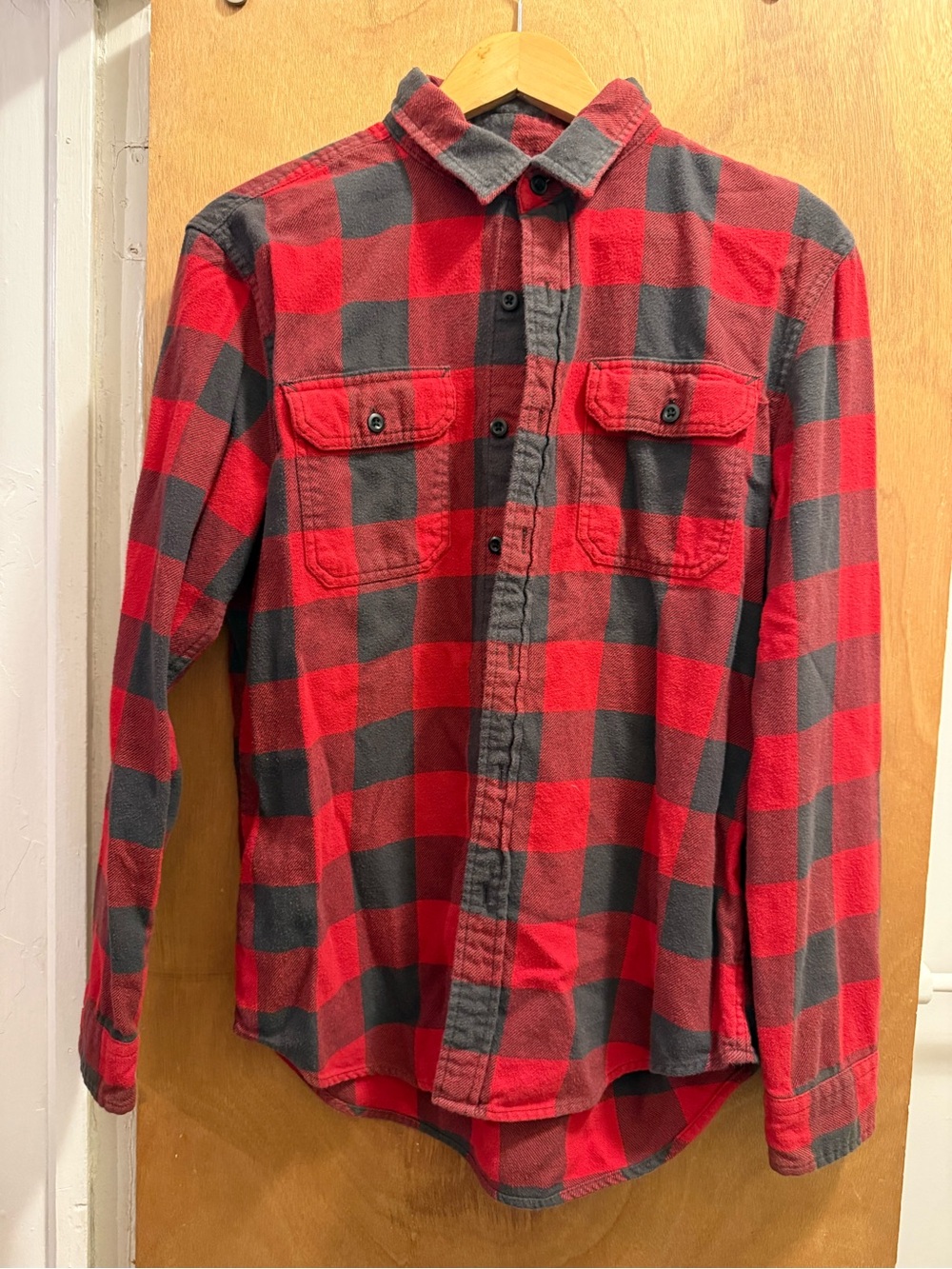 Red and black buffalo plaid long-sleeve flannel button-down shirt